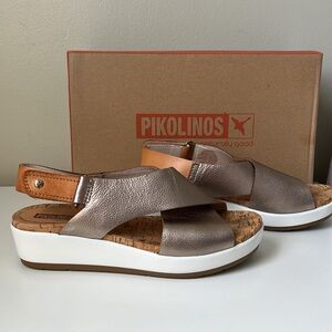 Pikolinos Wedge Sandal metallic rose color w/ brown heel strap Size 37/7.5